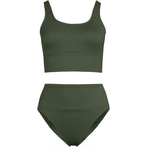 Land's End Swimsuit Set Midkini high waisted bottoms rich olive green ottoman S - Picture 1 of 8